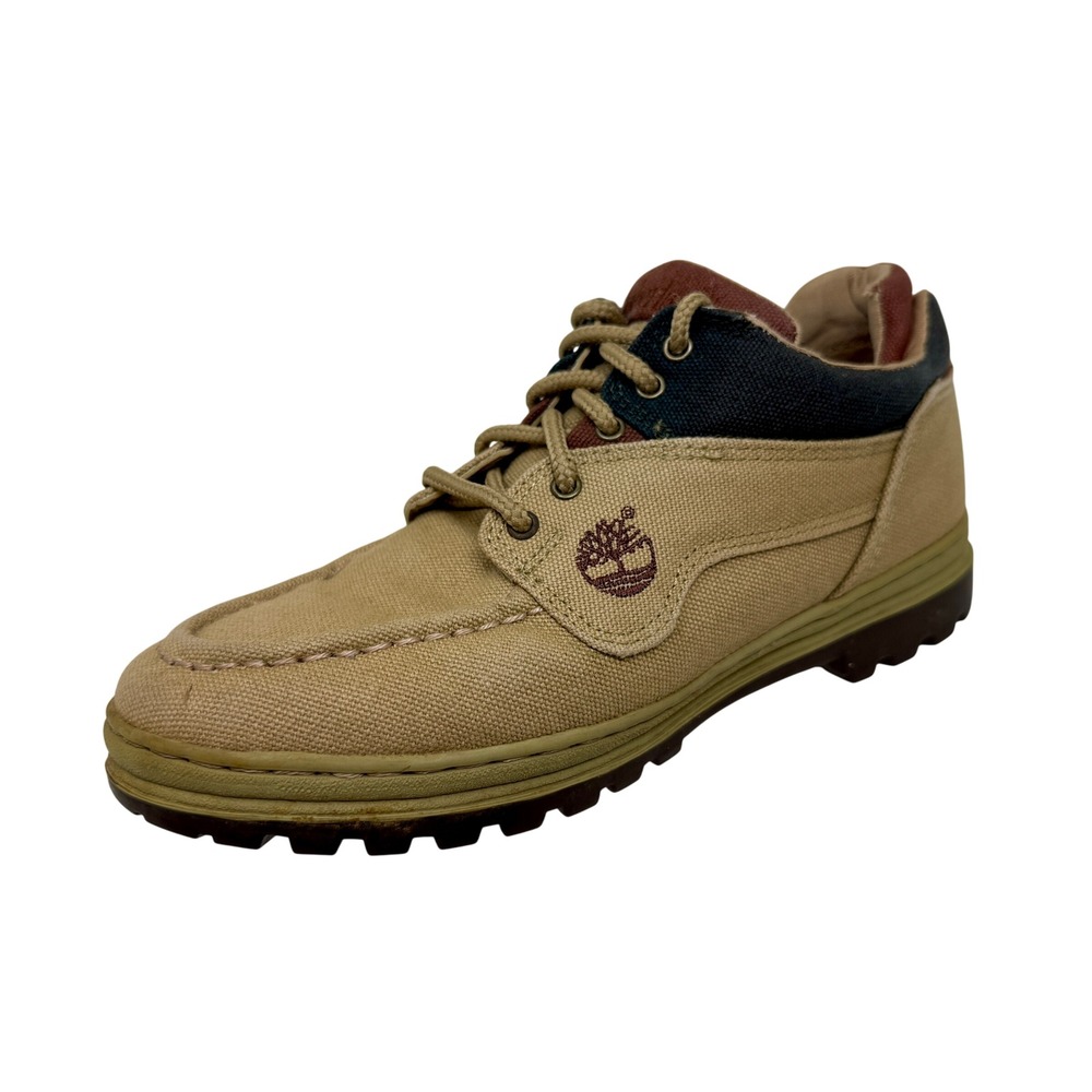 Timberland 30324 Women's 7.5M Tan Canvas Moc Toe Boat Shoe Navy Burgundy Accents